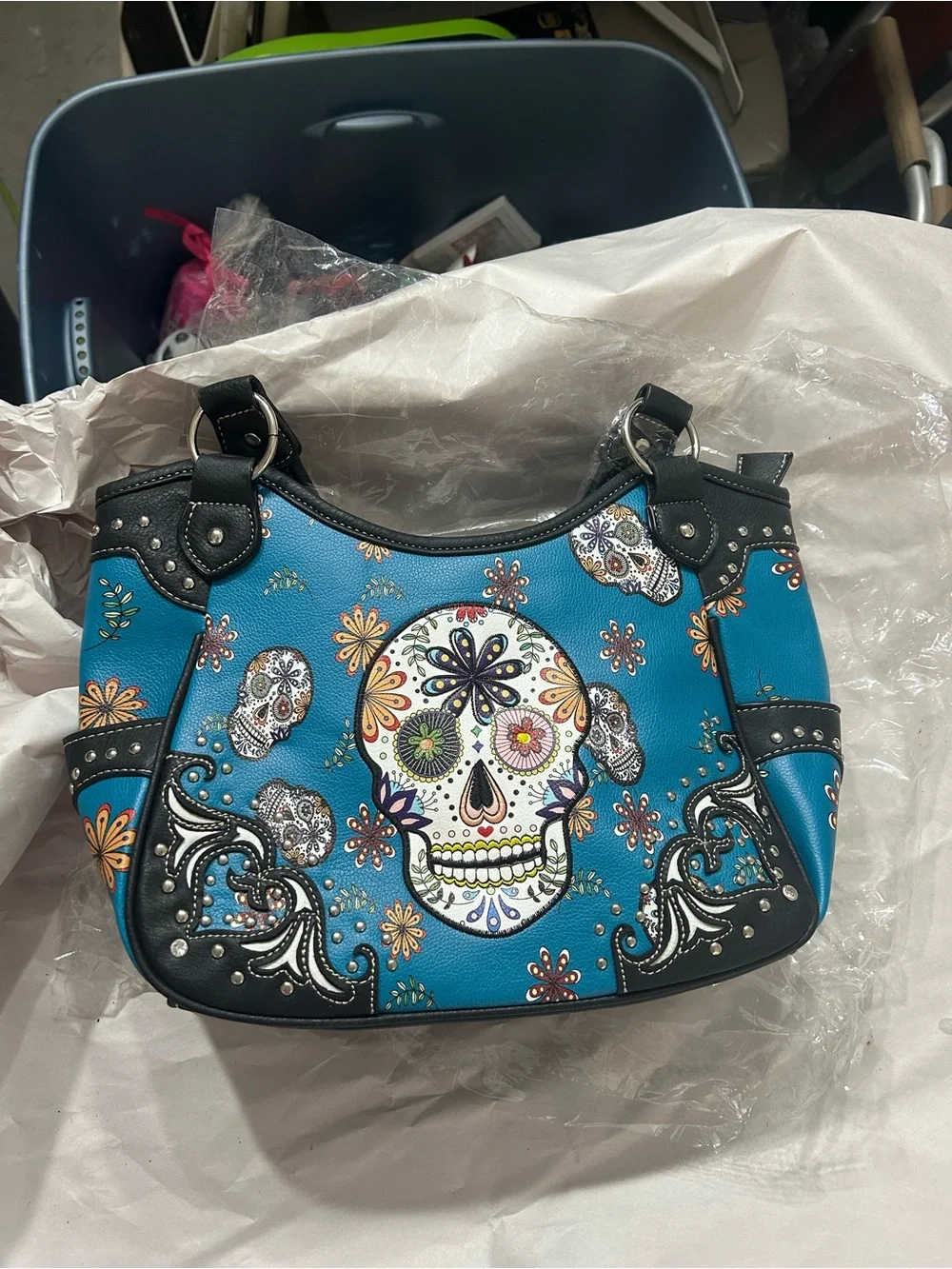 Teal Sugar Skull Tote Bag